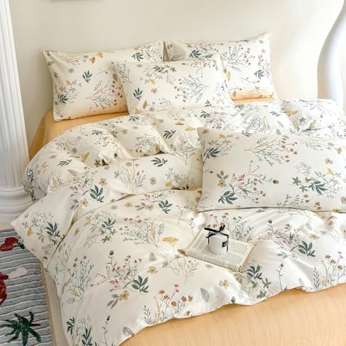 Cotton Duvet Cover King Botanical Bedding Set Yellow Floral Duvet Cover Set King Cottagecore Coquette Comforter Cover with Zipper,Garden Style Green Branches Bedding Duvet Cover Chic King 3 Piece
