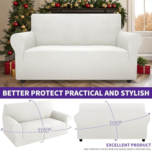 ZNSAYOTX Super Stretch Couch Cover Love Seat Sofa Covers for Living Room Dogs Pet Friendly Furniture Protector Spandex Loveseat Slipcovers with Anti Slip Foam Sticks (White, Loveseat)
