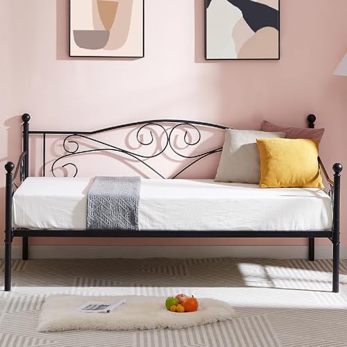 VECELO Daybed Frame, Twin Size Metal Platform Sofa Bed Mattress Foundation with Headboard, Heavy-Duty Steel Slat Support for Bedroom Living/Guest Room, Easy Assembly, Black