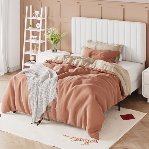 Allewie Twin Bed Frame, Velvet Upholstered Platform Bed with Adjustable Vertical Channel Tufted Headboard, Mattress Foundation with Strong Wooden Slats, Box Spring Optional, Easy Assembly, Off-White
