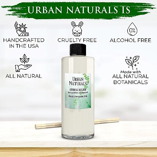 Urban Naturals Reed Diffuser Oil Refill Eucalyptus Spearmint with Lemon Peel, Clary Sage 8 oz + Free Reed Sticks, Made in the USA
