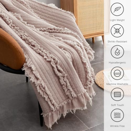 Ultra Soft Pre-Washed Warm Quilted Throw Blanket, Ruffle Fringed Rose King Size Boho Blankets, Stone Washed Chic Rustic Throws for Sofa Couch Bed Chair, 104"x90"