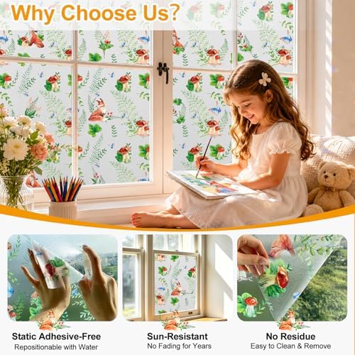 Countewol Privacy Window Films Stain Glass Cling No Glue Anti-UV Window Sticker for Bathroom Bedroom Living Room(Forest Textured 70.86" L*36.2" W)