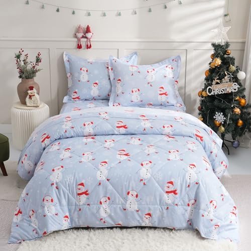 JSD 3 Piece Blue Snowman Snowflakes Kids Christmas Comforter Set Full Size