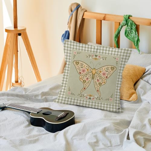 Cottagecore Luna Moth Green Gingham Throw Pillow Cover 18x18