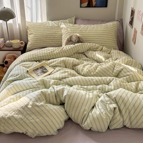 Vintage Striped Duvet Cover Queen Size 3Pcs Washed Cotton Retro Bedding Set