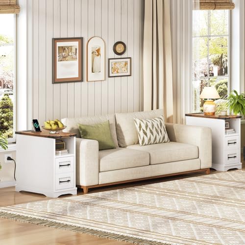 HOOBRO Narrow End Table with Drawers, Farmhouse Nightstand with Charging Station, 3 Storage Shelves on the Back, Slim Bedside Table for Living Room, Bedroom, Small Space, White and Walnut WH362UBZ01