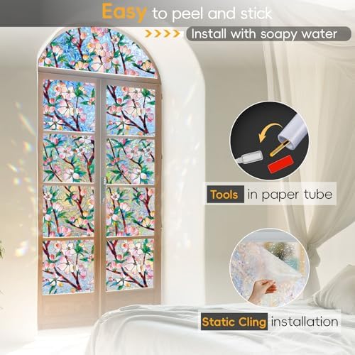 Rainbow Window Privacy Film Decorative Window Sticker, 3D Static Stained Glass Cling Tint for Home Heat Control Non-Adhesive, 11.8 Inch * 157.4 Inch