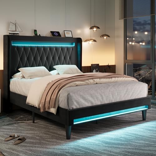 Allewie Queen Size Upholstered Bed Frame with LED & Charging Station, Black