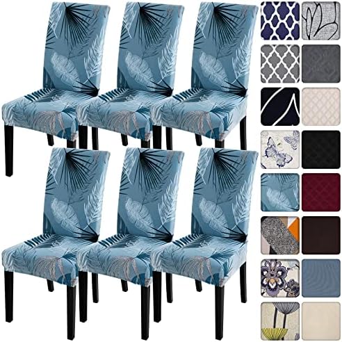 SearchI Summer Pattern Dining Room Chair Covers Set of 6, Stretch Printed Parsons Chair Slipcovers Spandex Removable Washable Kitchen Chair Protector Cover for Dining Room, Hotel, Ceremony (Blue)