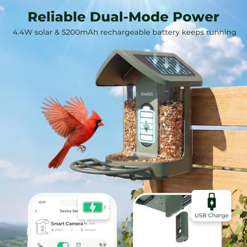 Kiwibit Solar Smart Bird Feeder with Camera, 4K HDR Live Video, AI Bird ID