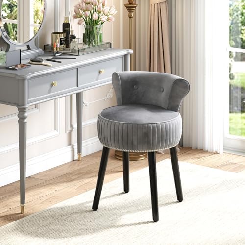 CHARMAID Velvet Vanity Chair for Bedroom, Elegant Accent Chair with Tufted Low Back, Solid Wood Legs, Upholstered Seat, Modern Makeup Stool for Dressing Room, Home Office (Gray & Black)