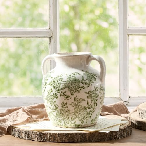 Ceramic Vase with Handles, Vintage Utensil Holder, Flower Decorative Vase Chinoiserie Decor Rustic Farmhouse Retro Floral Vases for Table Bookshelf Mantel Kitchen Living Room Office - 6.7” Green 018