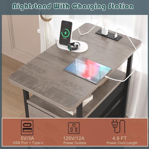 sthmec End Table with Charging Station, Side Tables Livingroom with USB Ports and Outlets,Narrow Nightstands Bedside Tables with 3 Drawers for Small Space,Slim Sofa Table Bedroom,Grey