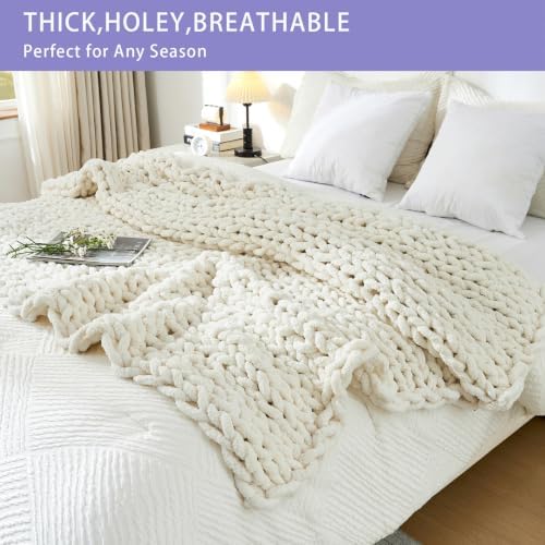 Bigacogo Chunky Knit Throw Blanket for Couch, 60x80 inches, Vintage White