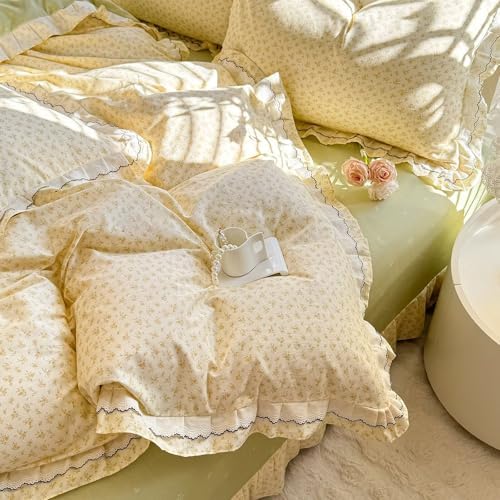 Yellow Floral Duvet Cover Set Twin Size 3 Pcs,100% Cotton Soft Comfy Flower Bedding Set with Lace Ruffles,Breathable Lightweight Comforter Covers with 2 Pillowcases 68"×86"
