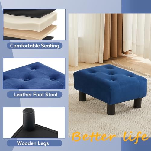 Small Foot Stool Ottoman, Velvet Footstool Ottoman Foot Rest for Couch, Rectangle Footstools and Ottomans Small for Living Room, Entryway and Bedroom (Royal Blue)