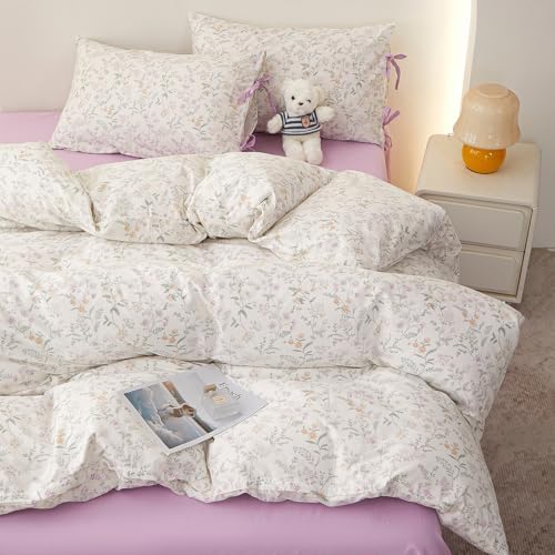 HighBuy Vintage Floral Duvet Cover Set King with Pink Yellow Floral Print,Comforter Cover Chic Floral Bedding Set,100% Cotton Super Soft,1 Duvet Cover with 2 Bowknot Bow Tie Pillowcases