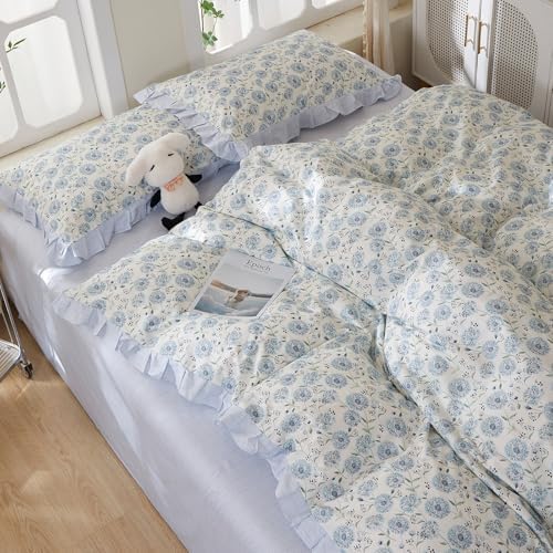 Blue Floral Duvet Cover Full Size - 100% Cotton Dandelion Flower Comforter Cover with Romantic Ruffle Lace, Coquette Aesthetic Floral Bedding Set Wildflower Botanical Duvet Cover with Zipper Closure