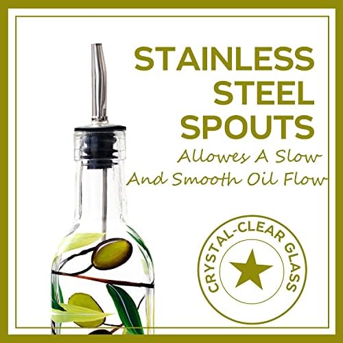 17oz Hand Painted Glass Olive Oil Bottle Dispenser- 500ml Green Oil & Vinegar Cruet with Pourers - Olive Oil Carafe Decanter for Kitchen (olive1)