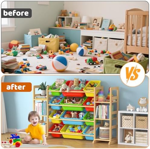 Large Toy Storage Organizer Kids Toy Organizer and Bookshelf Combo with 12 Bins and 6 Shelves Toy Organization Box Toy Shelf for Playroom, Bedroom, Nursery