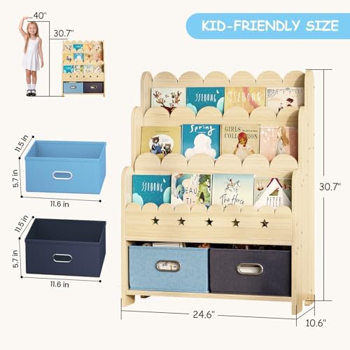 EXPERLAM 2-in-1 Kids Bookshelf with Toy Storage Drawers, Scalloped Montessori Bookcase Front Facing for Toddlers, Solid Wood Book Display & Organizer for Nursery, Playroom, Bedroom & Classroom