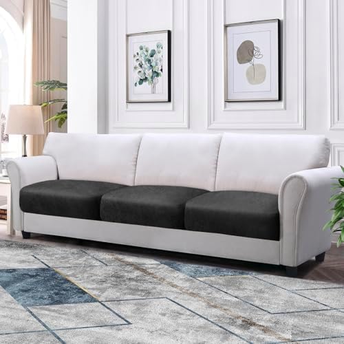 Couch Cushion Covers Leather-Look 3PC Stretch Extra Large Sofa Seat Slipcover Sets Individual Couch Seat Cushion Cover, Pet-Friendly, Non-Slip, Easy Fit - Dark Grey