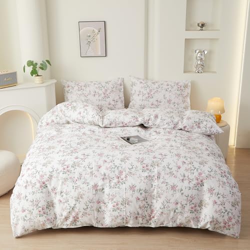 Queen Duvet Cover Set Pink Floral Bedding Set on White 100% Cotton Reversible Vintage Comforter Cover with Zipper&Ties