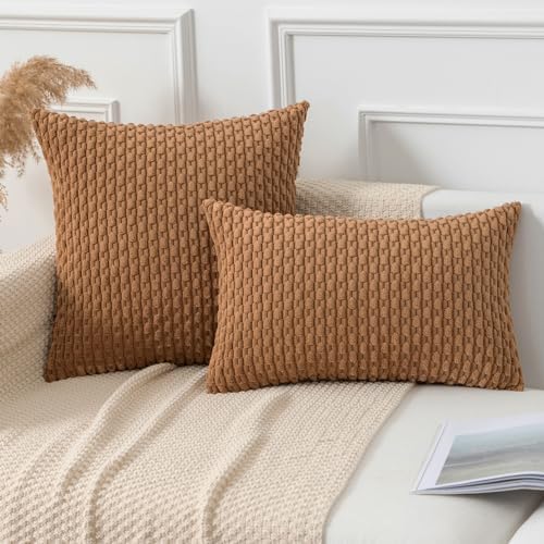 Kevin Textile Soft Corduroy 16x16 Inch Pillow Covers 2 Pack, Khaki