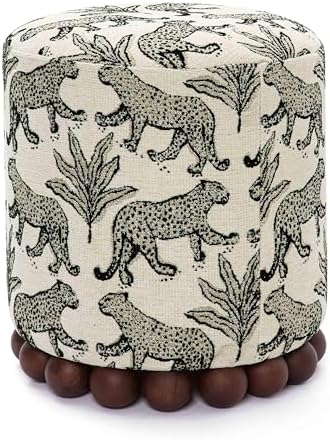First of a Kind Ottoman Foot Rest - Cream Fabric Round Ottoman Stool with Solid Wood Spherical Orbs - 15.7" W x 15.7" D x 18.3" H - Handmade, Easy Clean, 330 lbs Weight Capacity