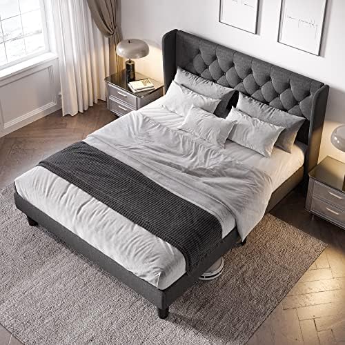 Allewie Queen Bed Frame with Button Tufted Wingback Headboard, Dark Grey