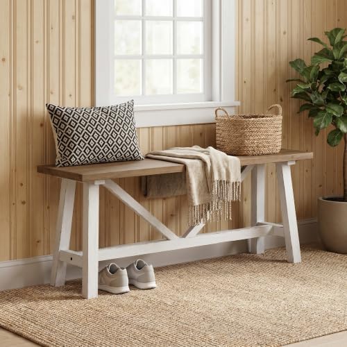 Wnutrees 43" Farmhouse Solid Wood Bench, Narrow Long Seat, White