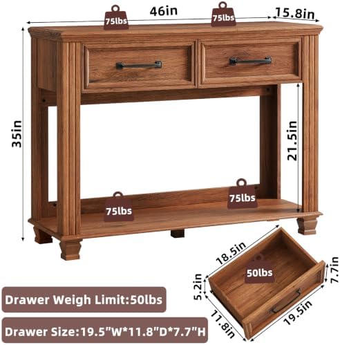 SAVOR LIFE 46" Farmhouse Console Table with Drawers, Brown Entryway Table