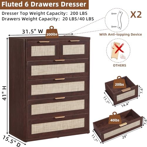 LEYAOYAO Dresser for Bedroom, 41" Tall Chest of Drawers, Modern 6 Drawers Boho Rattan Dressers with Storage, Dresser Wooden Closet Organizer for Living Room, Hallway