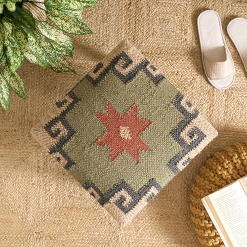 Handmade Jute Ottoman Stool with Wooden Legs | Square Upholstered Foot Rest & Accent Seating | Woven Vanity Stool for Living Room, Bedroom, Hall & Home Décor (Beige-Grey, 40X40X35 CM)