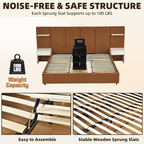 King Size Bed Frame with Storage & Built-in Nightstands & Drawers, Ocher