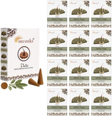 ARO VATIKA Vedic White Sage Natural Incense Cones Pack of 120, 12 Premium Boxes Non-Toxic Dhoop Cones for Meditation, Yoga, Spiritual Healing, Relaxation & Home Fragrance, Burn Time- 25 Mins