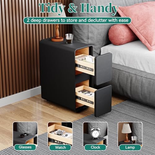 7.8" W Leather Narrow Nightstand Set of 2, Modern Fully-Assembled Bedside Table with 2 Drawers, White Night Stand Small Accent End Table & Side Table for Bedroom, Black