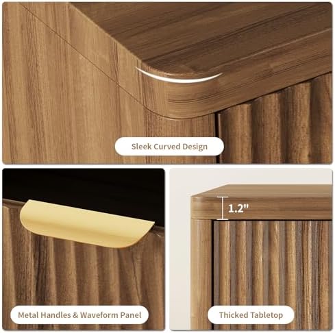 Fluted Nightstand Set of 2 with Charging Station,Drawer & Open Shelf,Walnut