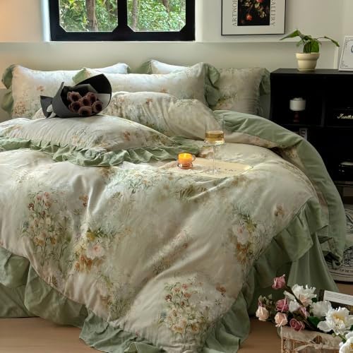 Romantic Ruffle Floral Duvet Cover Set Twin Sage Green