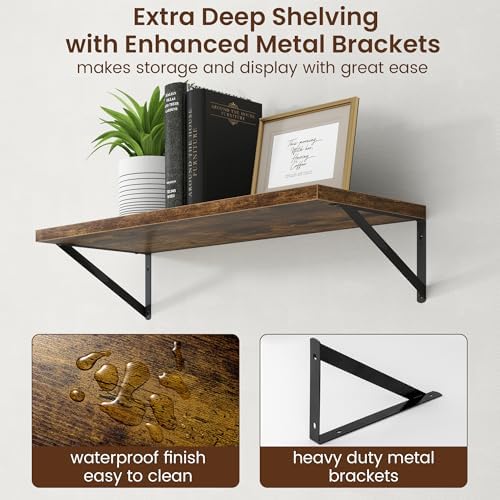 Axeman Deep Floating Shelves - 30 Inch Floating Shelves Set of 2-12 Inch Deep Brown Wood Wall Shelves for Living Room Bathroom Kitchen