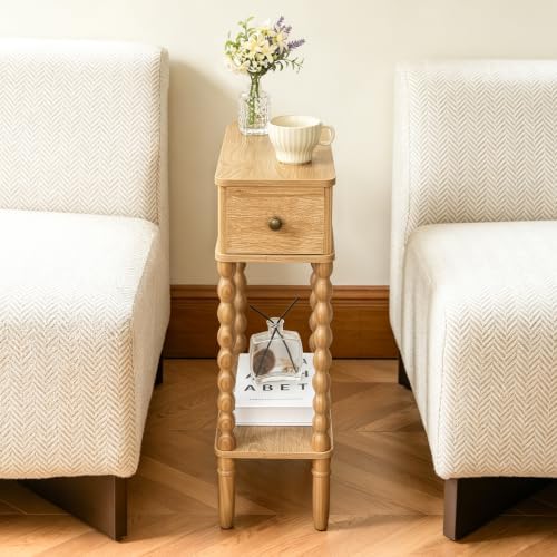 Fultyle Narrow End Table, Slim Small Side Table with Drawer and Open Shelf