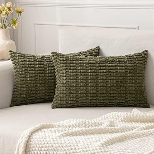 MIULEE Lumbar Corduroy Decorative Throw Pillow Covers 12x20 Olive Green