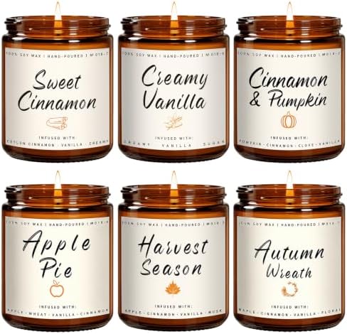 Auelife Fall Candles, 6 Pack Scented Candle Set, 42 oz Holiday Soy Candles, Candle Gifts Set for Men and Women, Home Decor of Wreath/Apple/Latte/Harvest/Vanilla/Cinnamon