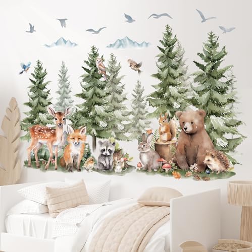 DECOWALL Large Watercolor Pine Tree Woodland Animals Wall Decals (SG4-2422)