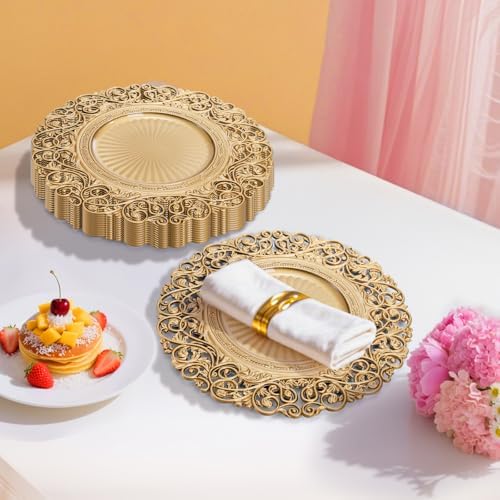 Foraineam Gold Charger Plates Set of 12, 13" Round Plastic Dinner Chargers, Decorative Hollowed Out Flowers Serving Plates for Table Setting, Catering, Wedding, Party, Event (Pack of 3)