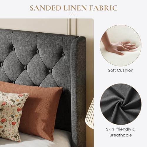 SHA CERLIN Queen Upholstered Bed Frame, Button Tufted Design, Dark Grey