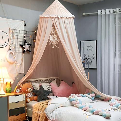 Hommi Lovvi Bed Canopy for Girls, Dreamy Frills Ceiling Hanging Princess Canopy Bedroom Decoration Soft Canopy Net Reading Nook, Extra Large Full Queen Size Bed Canopies - Light Pink