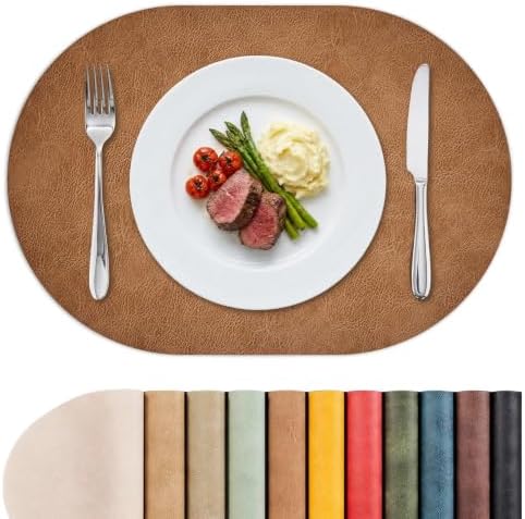 MOSAYT Vinyl Faux Leather Oval Placemats, Set of 4, Reddish Brown