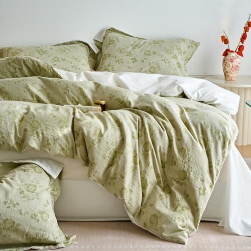 HighBuy Sage Green Floral Duvet Cover Twin XL Textured Design,Premium Muslin Cotton Coquette Floral Comforter Cover Set for College,Farmhouse Gauze Bedding Set with 2 Pillowcases